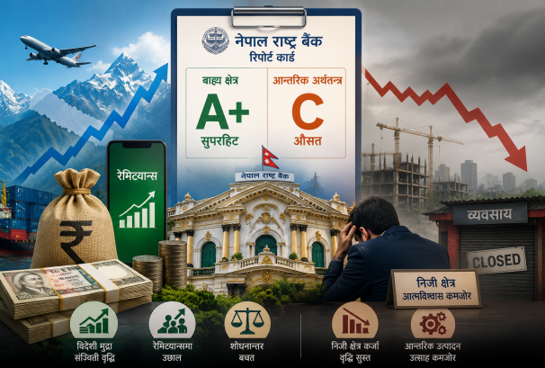 नेपाल राष्ट्र बैंकको रिपोर्ट कार्डः बाह्य क्षेत्र ‘सुपरहिट’, आन्तरिक अर्थतन्त्र ‘औसत’