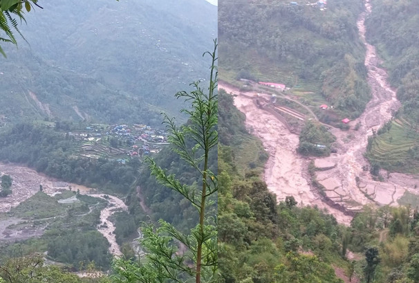 पाँचथरको याङवरकमा बाढी–पहिरोको कहर, बस्तीदेखि पूर्वाधारसम्म ठूलो क्षति