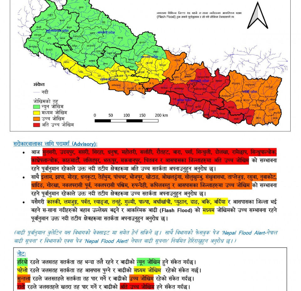 काठमाडौंसहित २० जिल्लामा ‘रेड अलर्ट’, अन्य क्षेत्रमा पनि उच्च जोखिम