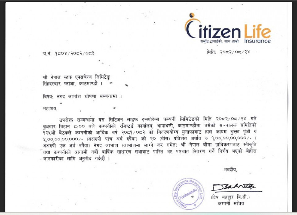 सिटिजन लाइफले २०% लाभांश दिने