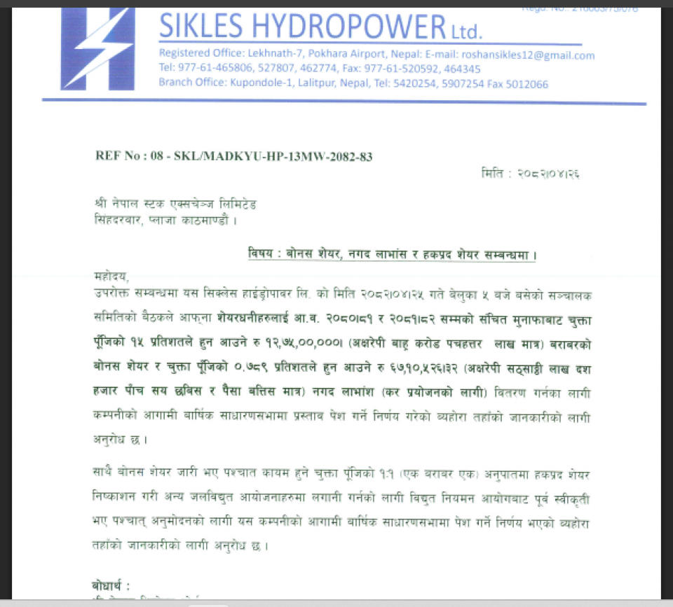 सिकलेस हाइड्रोद्वारा बोनस सेयर, नगद लाभांश र हकप्रद वितरणको घोषणा, सूचना यसअघि नै चुहिसकेको थियो !